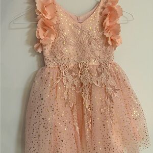 Girls Trish Scully Peach Pink Floral Appliqué Party Dress with Gold Foil